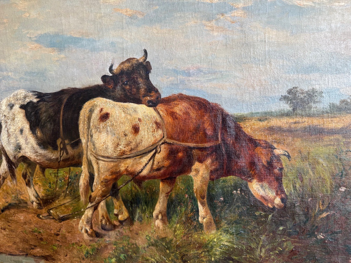 Grande scène animalière du XIXe siècle – Trois vaches dans un paysage – Huile sur toile signée-photo-1