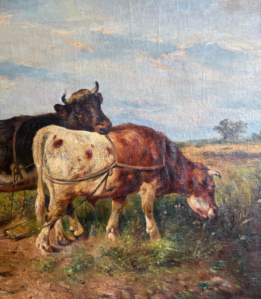 Grande scène animalière du XIXe siècle – Trois vaches dans un paysage – Huile sur toile signée-photo-2