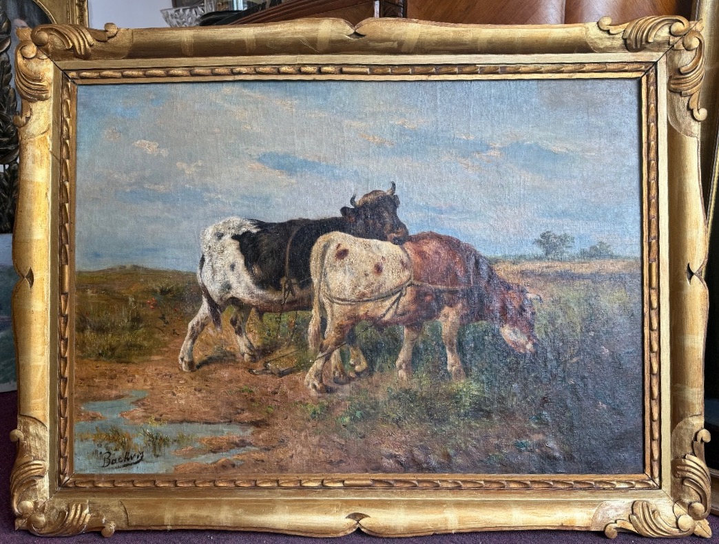 Grande scène animalière du XIXe siècle – Trois vaches dans un paysage – Huile sur toile signée
