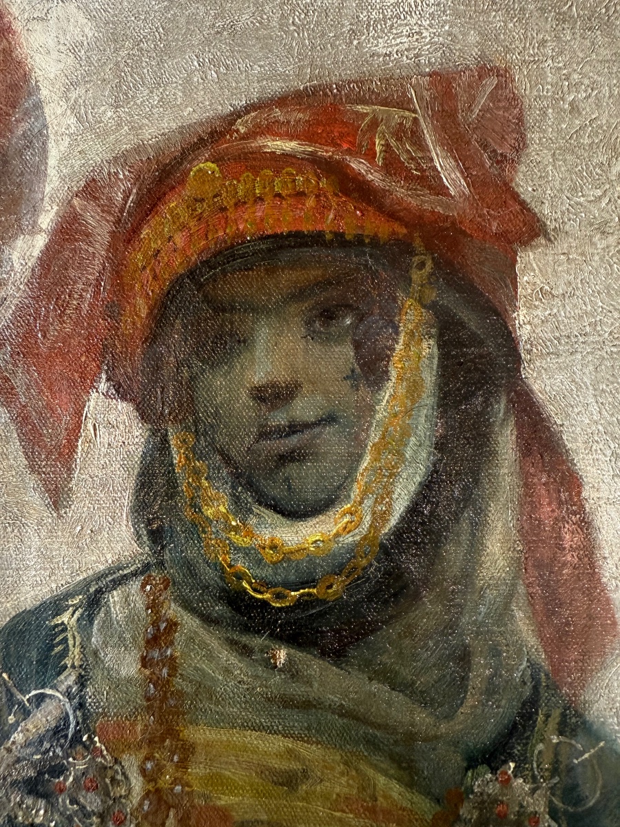 Portrait orientaliste d’une jeune femme au bonnet – Fin du XIXe siècle – Huile sur toile-photo-2