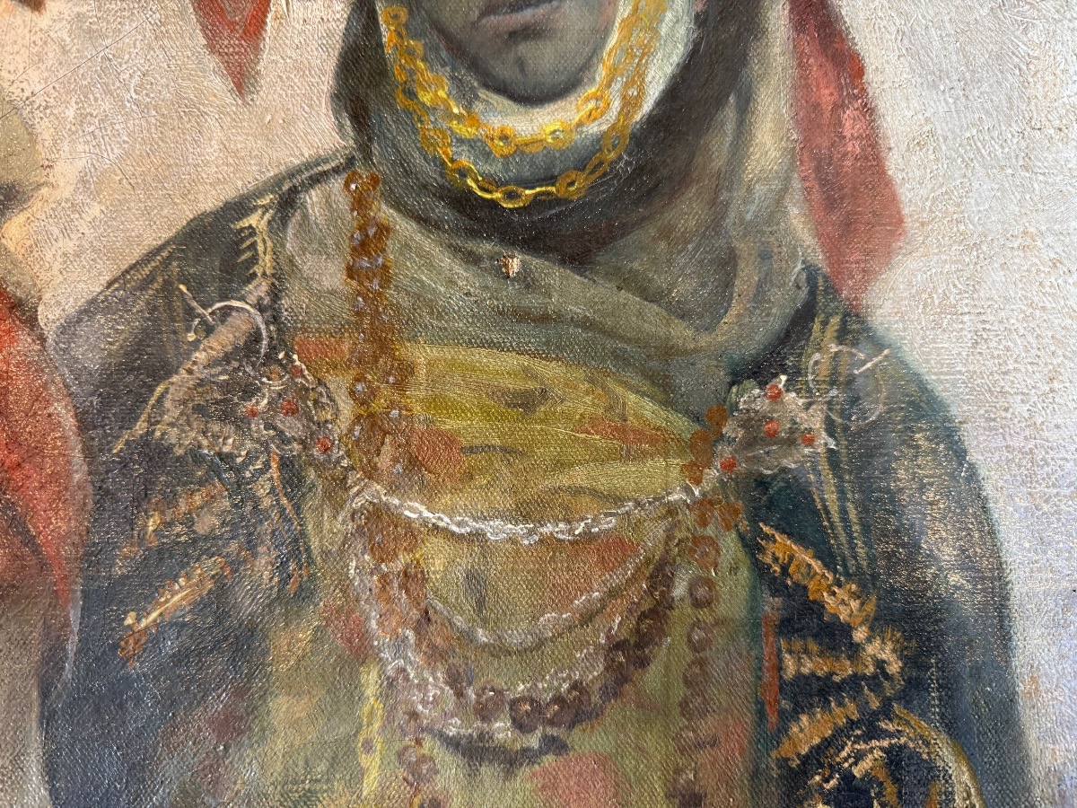 Portrait orientaliste d’une jeune femme au bonnet – Fin du XIXe siècle – Huile sur toile-photo-3