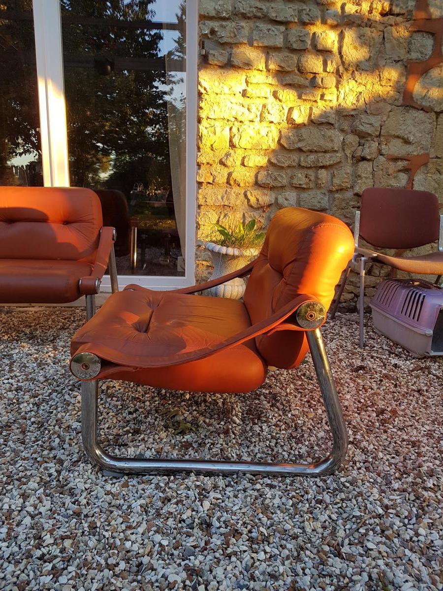 3 Fauteuils 1970 Cuir Et Chrome-photo-3