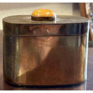 Art Deco Bronze Box With Orange Stone Cabochon – 20th Century