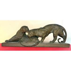 Art Deco Terracotta Sculpture – Panthers – 20th Century – Signed A.pollin