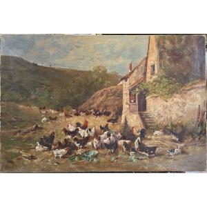 "Basse-cour animée devant une ferme - A. Goualin, XIXe siècle (époque Napoléon III)"