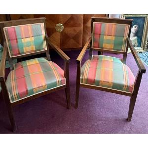 Paire de Fauteuils Art Déco en Bois et Tissu, Années 1900 - Élégance et Charme Authentique
