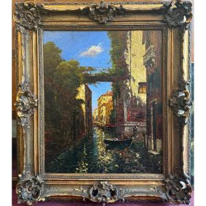 Venice – Lively Canal View, Oil On Canvas, 19th Century, Napoleon III Era