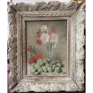 Still Life With Red Flowers And Green Fruit - Pastel On Canvas Signed 