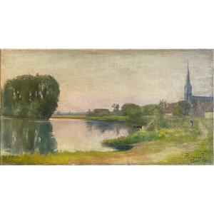 Paysage animé au bord de l’eau – Huile sur toile – Fin XIXe siècle