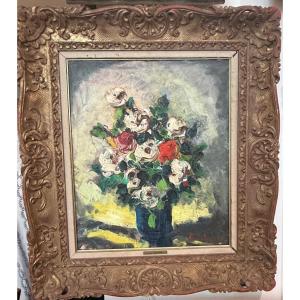 « Roses Blanches » – Belle Huile sur Toile du XIXe – Signée Louis Ducatel Ancien Tableau Floral
