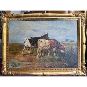 Large 19th-century Animal Scene – Three Cows In A Landscape – Signed Oil On Canvas