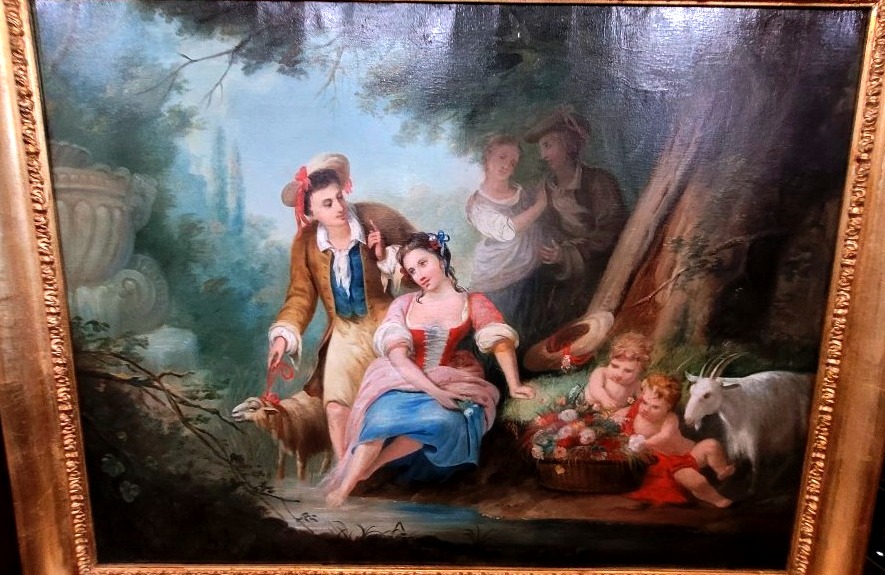 Tableau d'époque Charles X, Huile Sur Toile Représentant Une Scène Romantique-photo-2