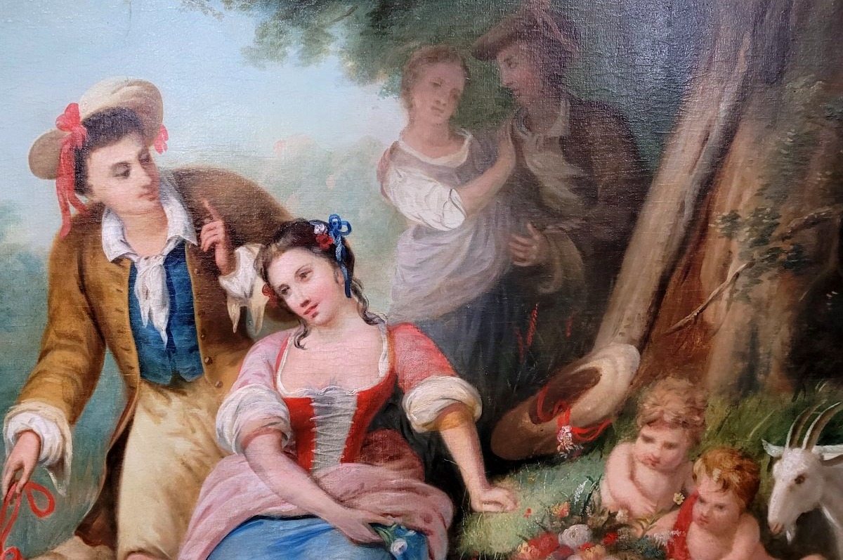 Tableau d'époque Charles X, Huile Sur Toile Représentant Une Scène Romantique-photo-3