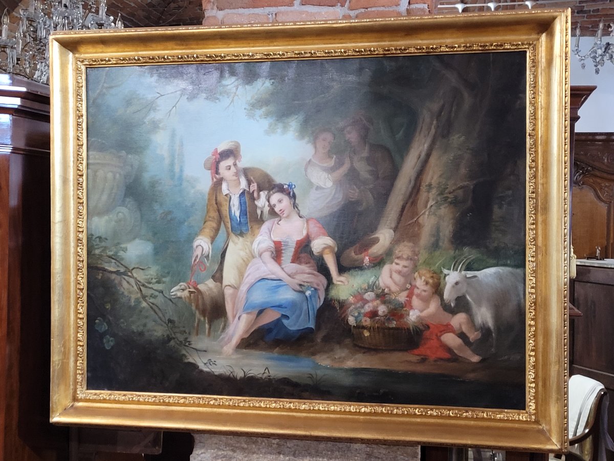 Tableau d'époque Charles X, Huile Sur Toile Représentant Une Scène Romantique-photo-1