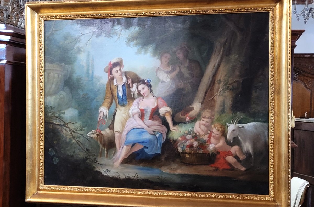 Tableau d'époque Charles X, Huile Sur Toile Représentant Une Scène Romantique-photo-4