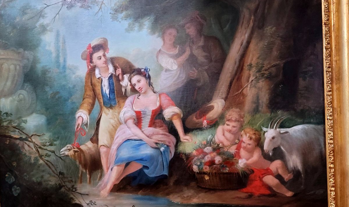 Tableau d'époque Charles X, Huile Sur Toile Représentant Une Scène Romantique-photo-5