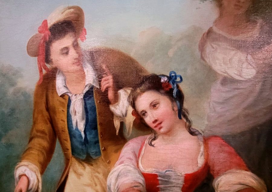 Tableau d'époque Charles X, Huile Sur Toile Représentant Une Scène Romantique-photo-8