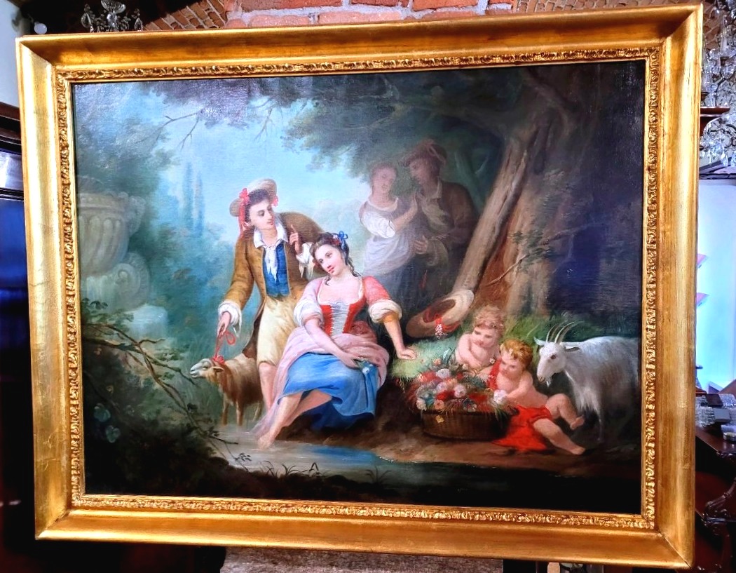 Tableau d'époque Charles X, Huile Sur Toile Représentant Une Scène Romantique