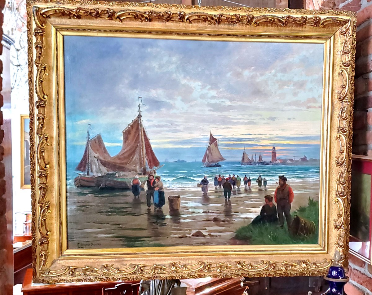 Fishermen On The Beach Oil Painting On Canvas Flemish School Signed T.s Amiz Schulten-photo-3