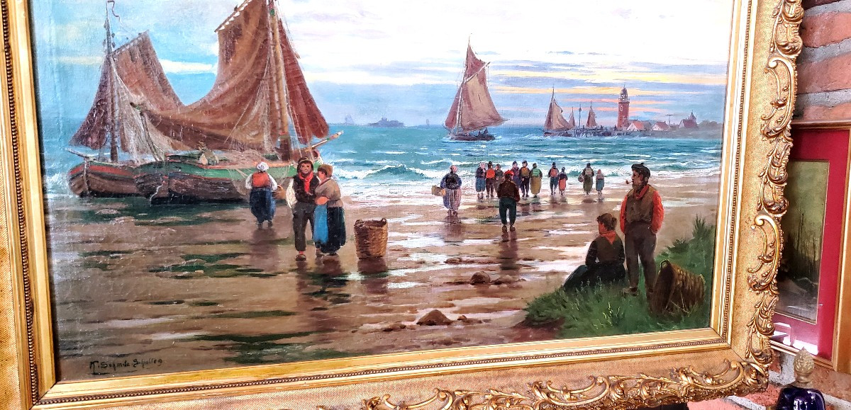 Fishermen On The Beach Oil Painting On Canvas Flemish School Signed T.s Amiz Schulten-photo-4