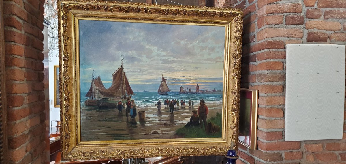 Fishermen On The Beach Oil Painting On Canvas Flemish School Signed T.s Amiz Schulten-photo-3