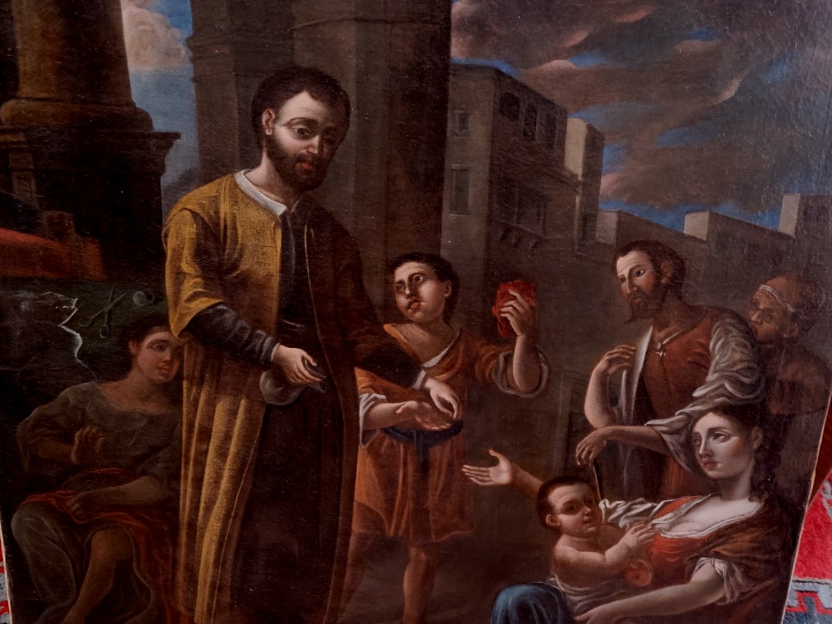 Peinture à l'Huile Sur Toile Des Années 1700 Représentant : La Charité -photo-7
