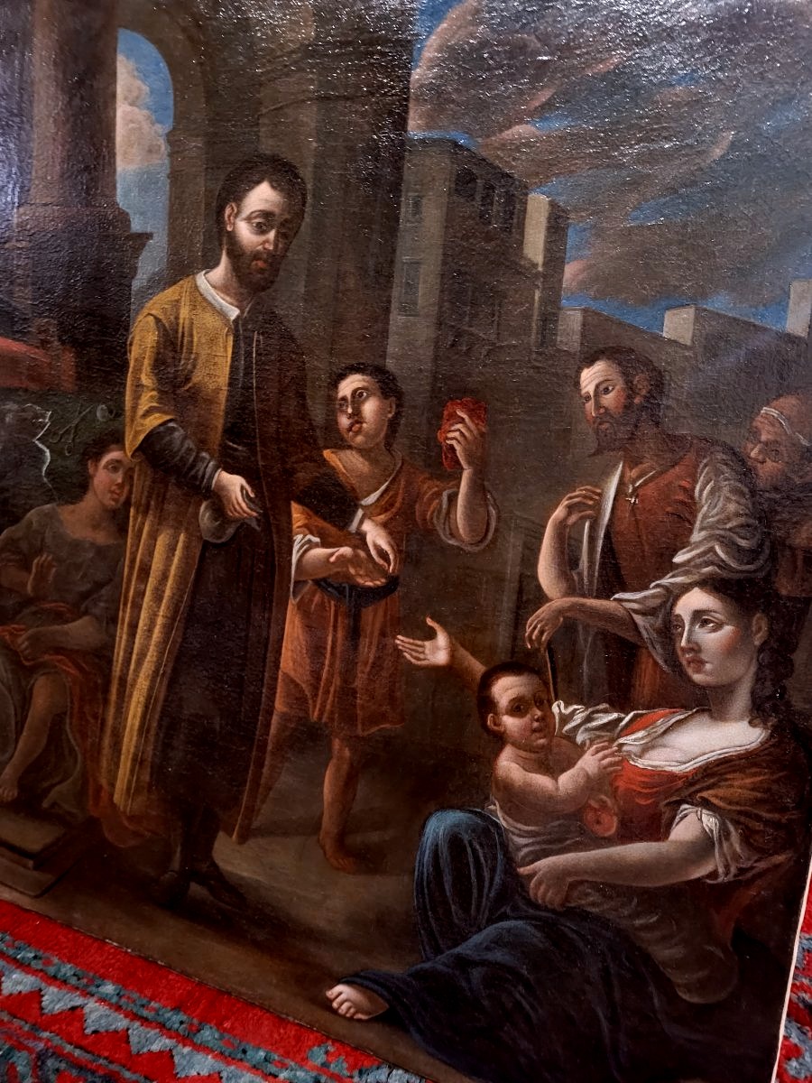 Peinture à l'Huile Sur Toile Des Années 1700 Représentant : La Charité -photo-8