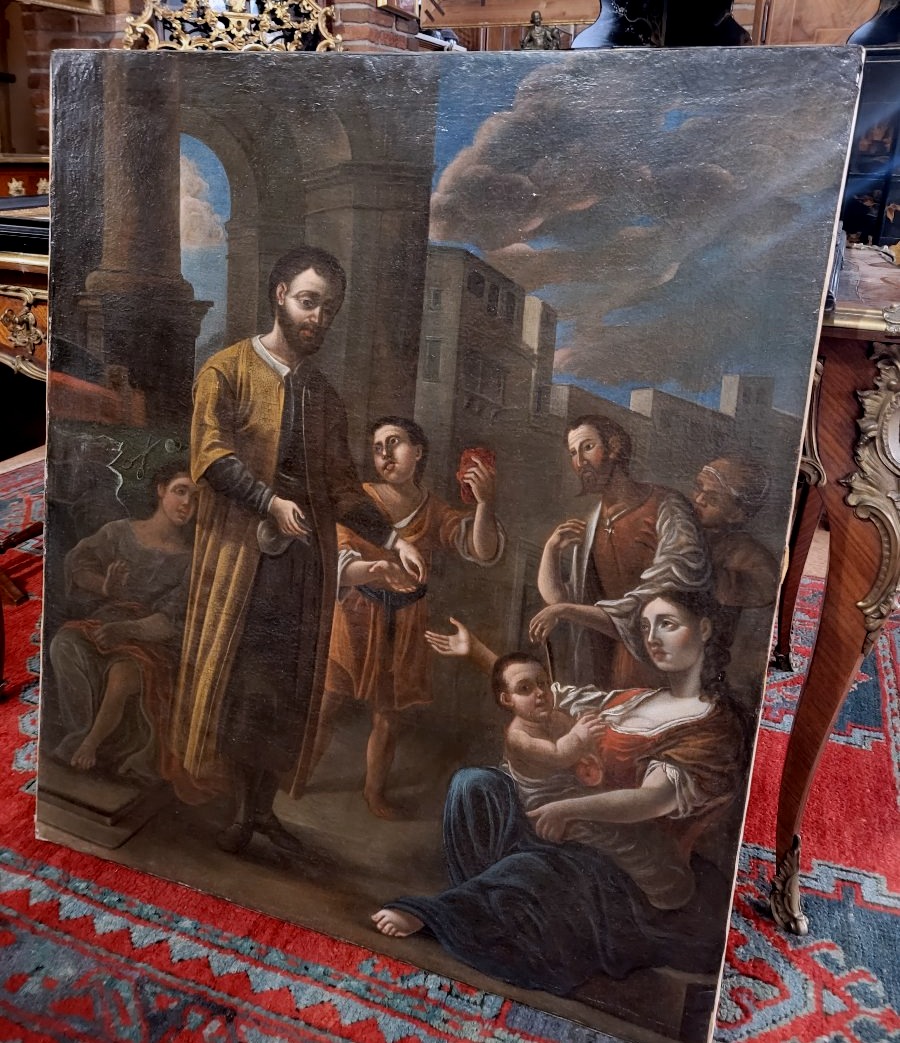 Peinture à l'Huile Sur Toile Des Années 1700 Représentant : La Charité 