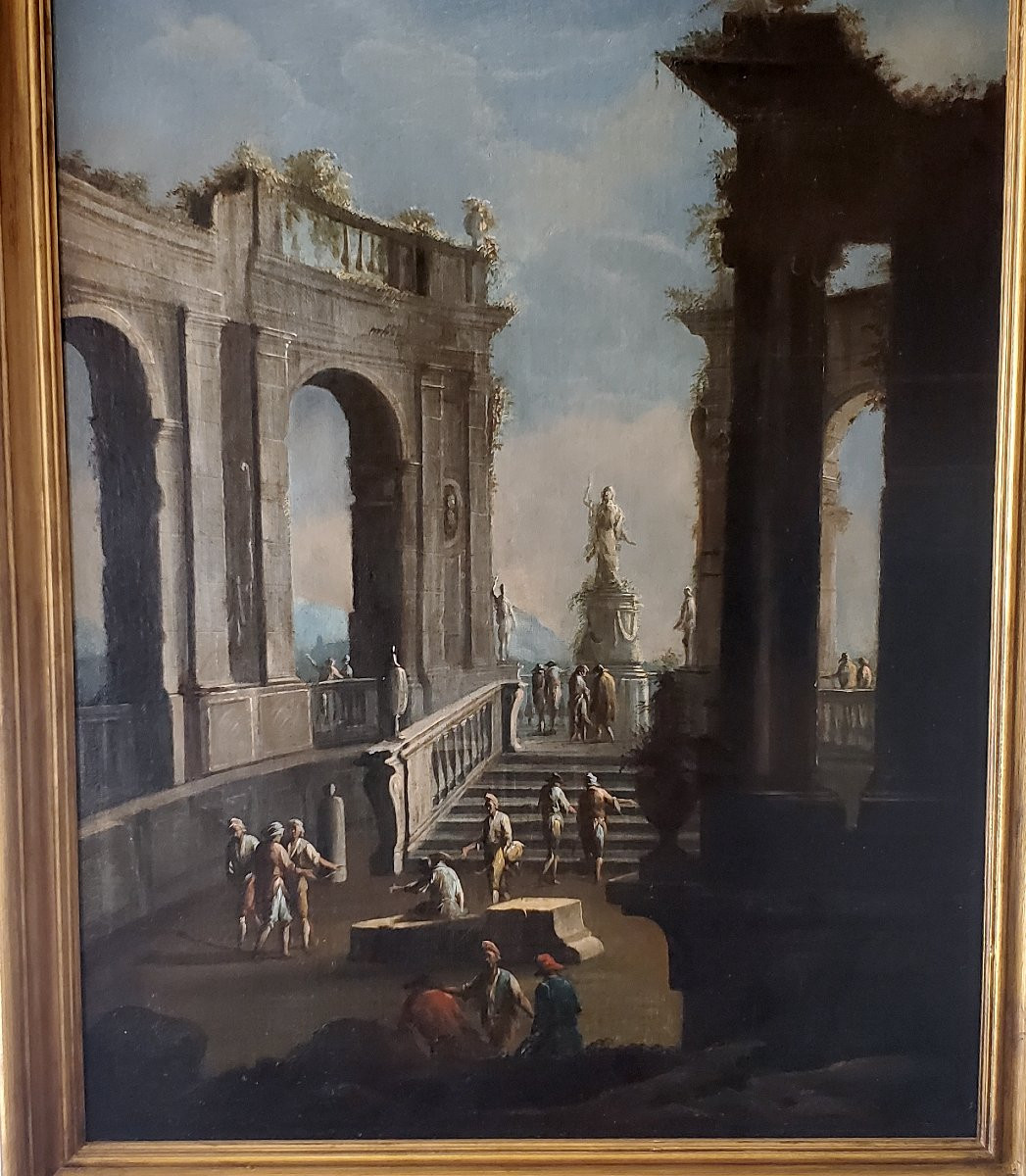 Oil Painting On Canvas Depicting Architectural Ruins With Characters From The 1700s-photo-3