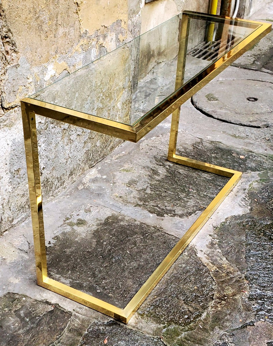 Brass Console, Glass Top, 1970s, In Excellent Condition-photo-2
