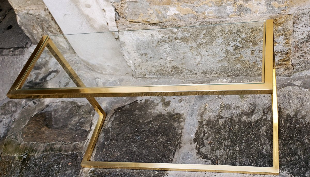 Brass Console, Glass Top, 1970s, In Excellent Condition-photo-2