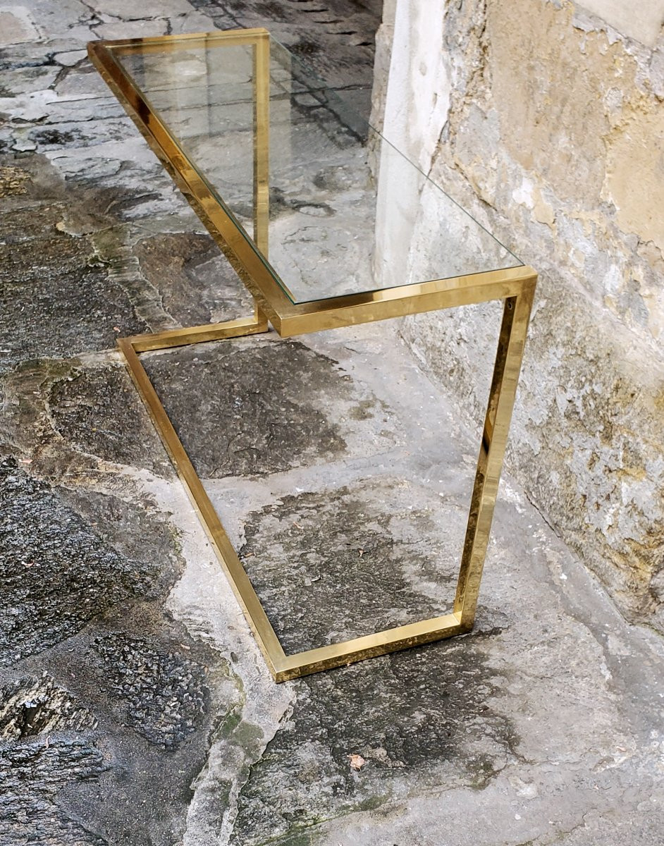 Brass Console, Glass Top, 1970s, In Excellent Condition-photo-4