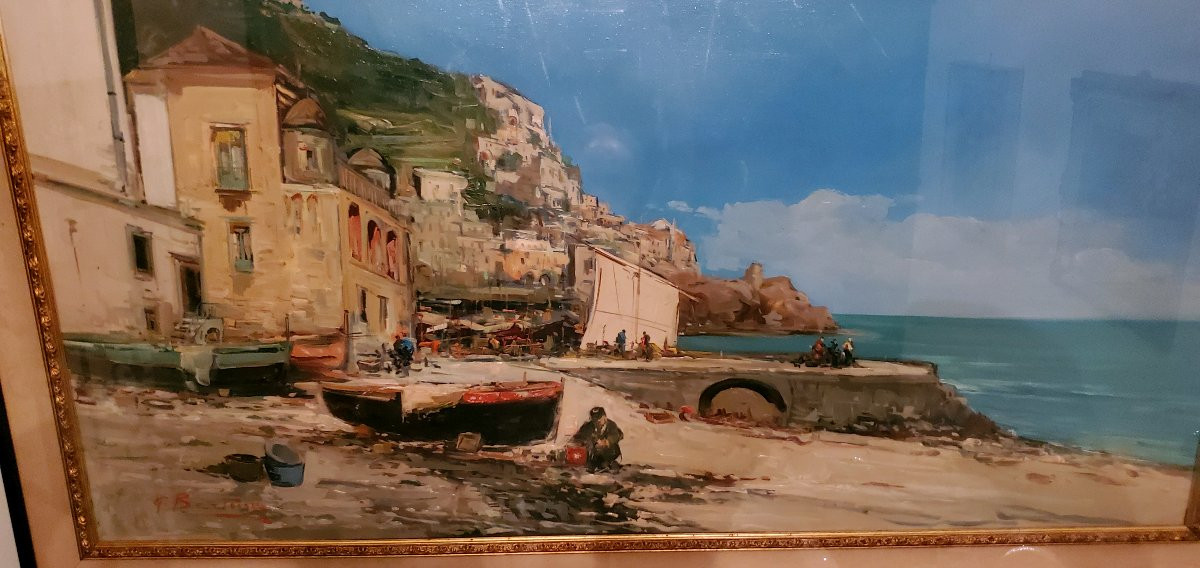 Oil Painting On Canvas Marina With Boats, 20th Century, Large Size Width 150 Cm X 75 -photo-2
