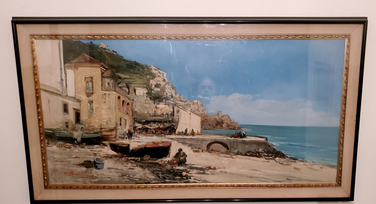 Oil Painting On Canvas Marina With Boats, 20th Century, Large Size Width 150 Cm X 75 -photo-2