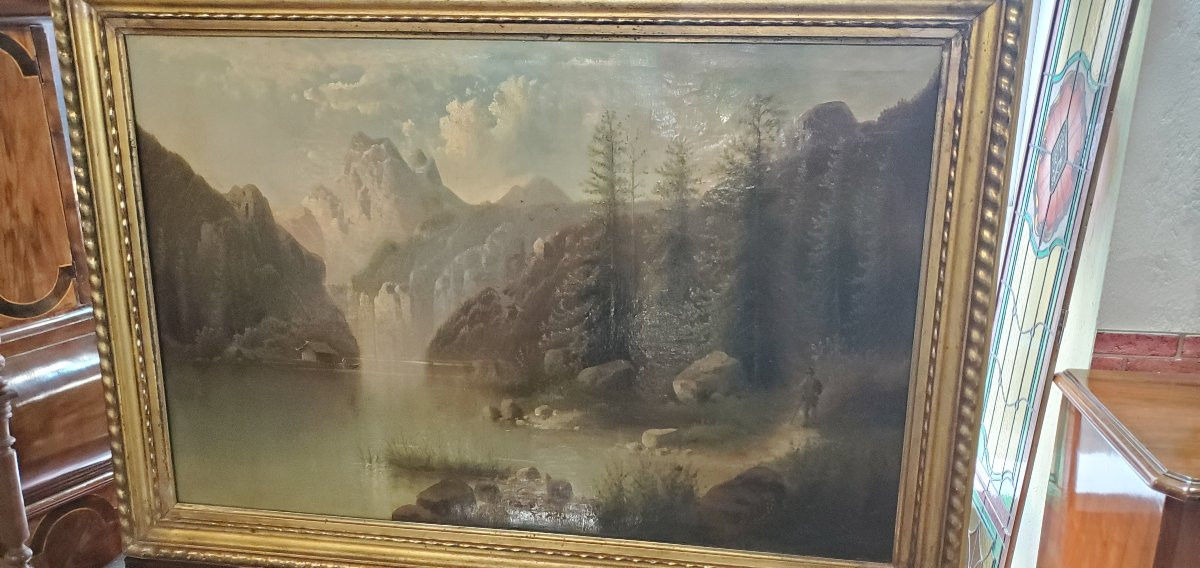 Peinture à l'Huile Sur Toile Représentant Un Paysage Lacustre-photo-3