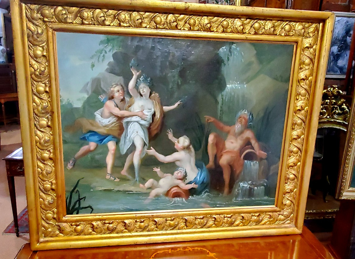 Peinture à l'Huile Ancienne Sur Toile Représentant Apollon Et Daphné, Vers 1750.-photo-2