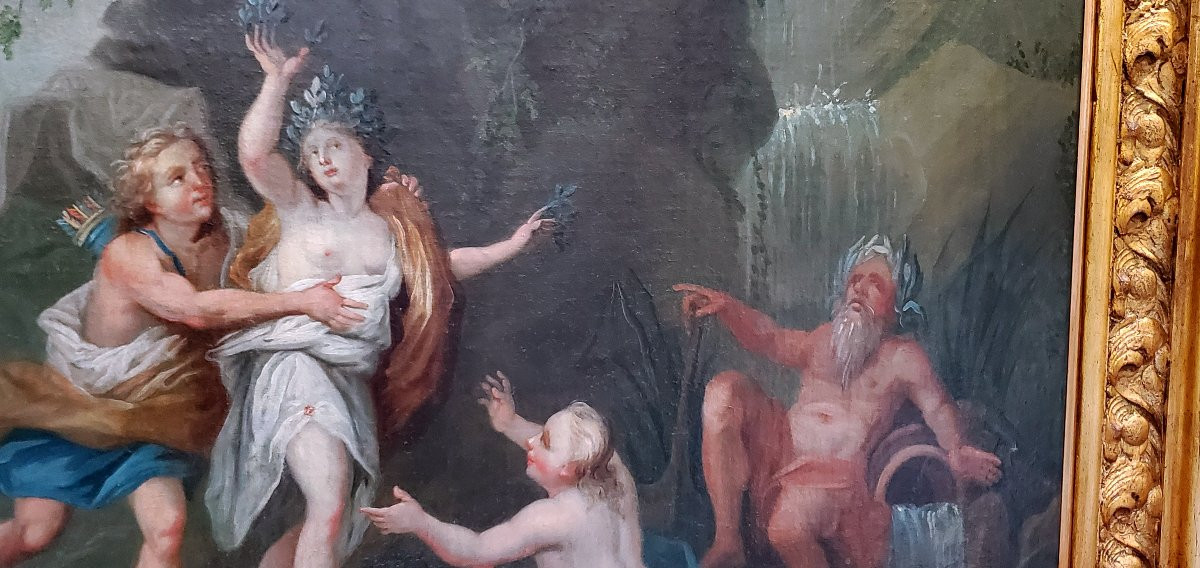Peinture à l'Huile Ancienne Sur Toile Représentant Apollon Et Daphné, Vers 1750.-photo-3