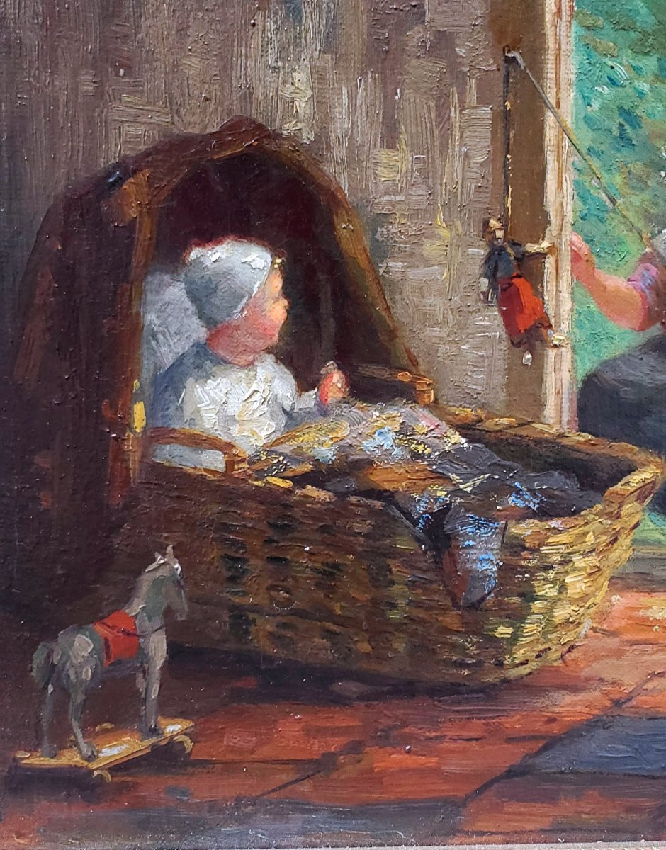 Peinture à l'Huile Sur Toile De La Fin Du XIXe Siècle Représentant Une Scène d'Intérieur.-photo-3