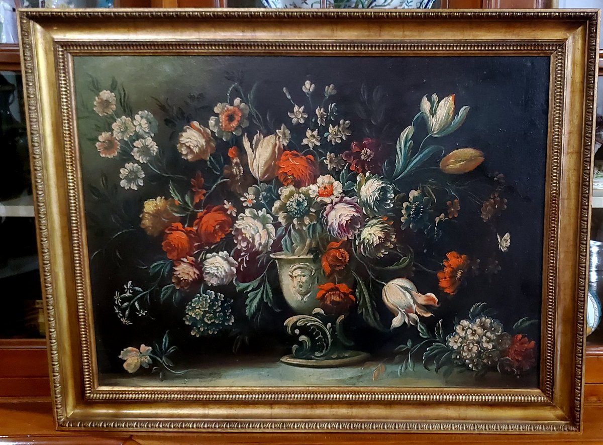 Peinture à l'Huile Sur Toile Représentant Une Nature Morte Florale.-photo-1