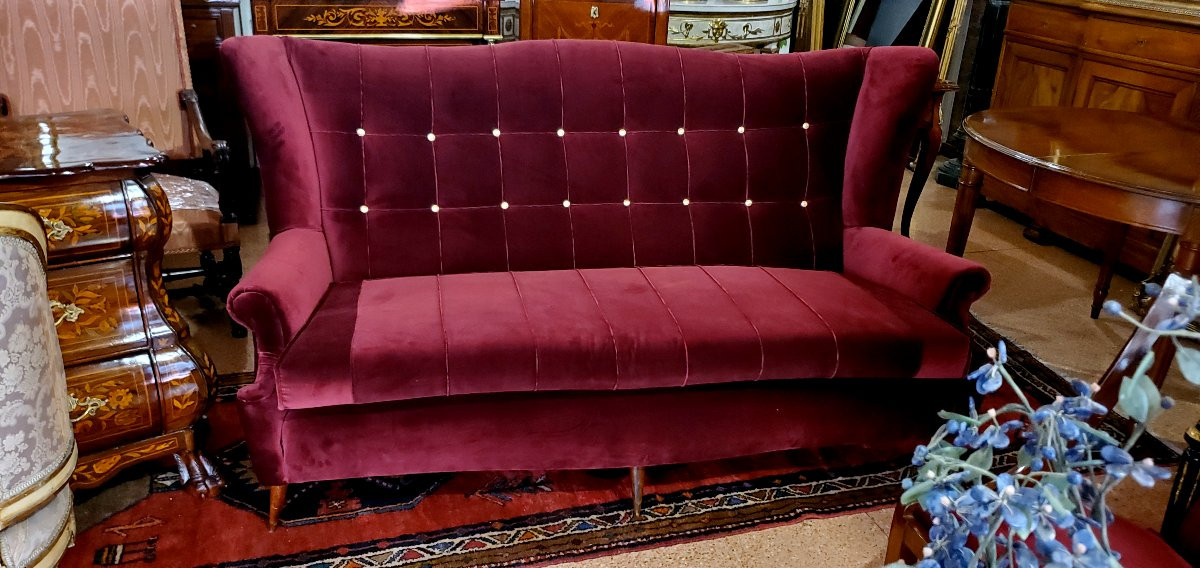 Art Deco Sofa, Italian Manufacture, Refurbished With Padding And Fabric-photo-4