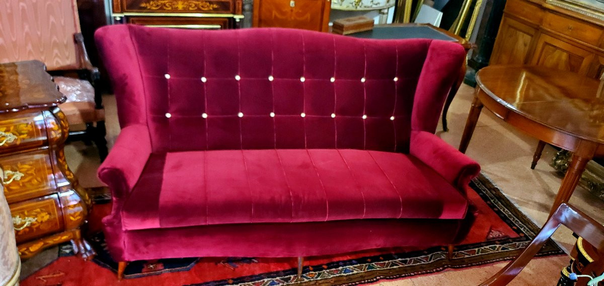 Art Deco Sofa, Italian Manufacture, Refurbished With Padding And Fabric-photo-4