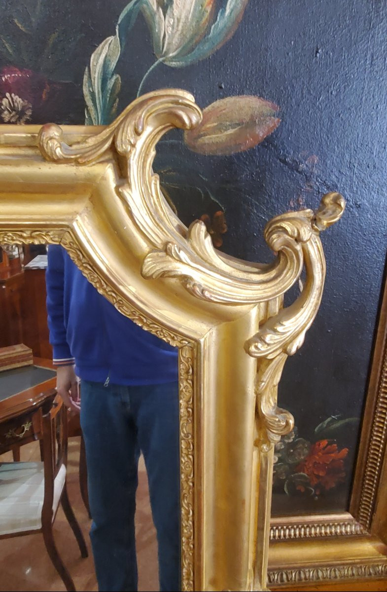 Miroir Louis Philippe avec cadre en bois doré 18 kt, fabrication française, miroir au mercure-photo-4