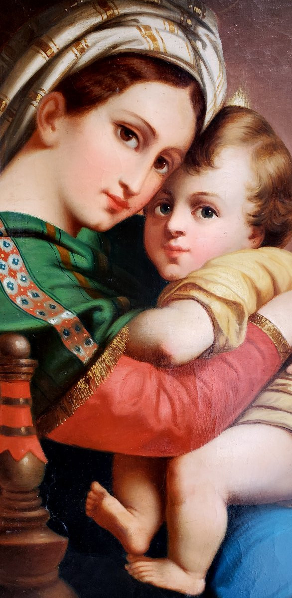Peinture à l'huile sur toile représentant la Madone à la Chaise-photo-2