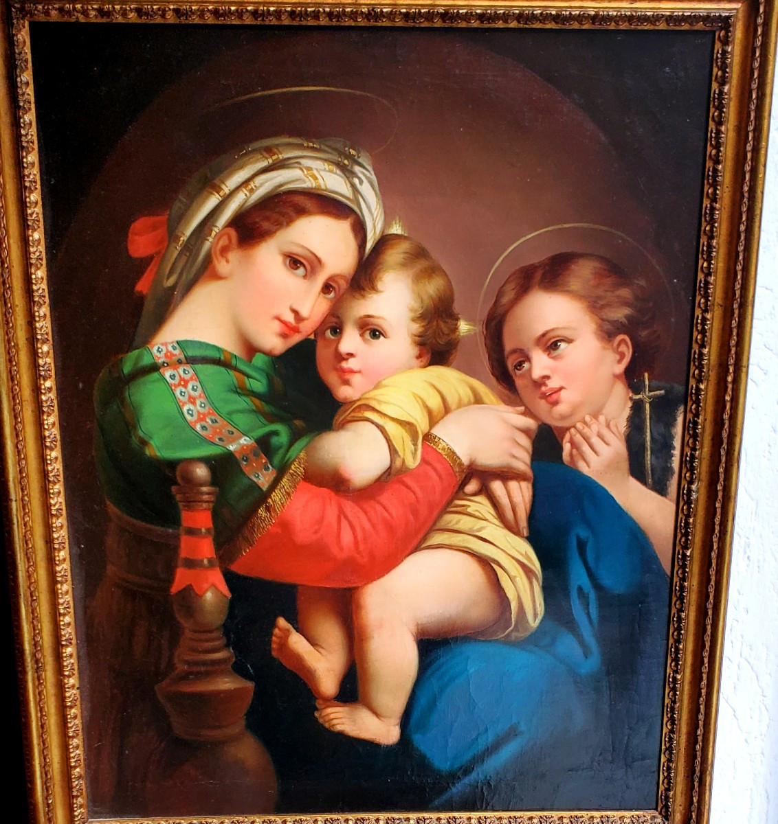 Peinture à l'huile sur toile représentant la Madone à la Chaise