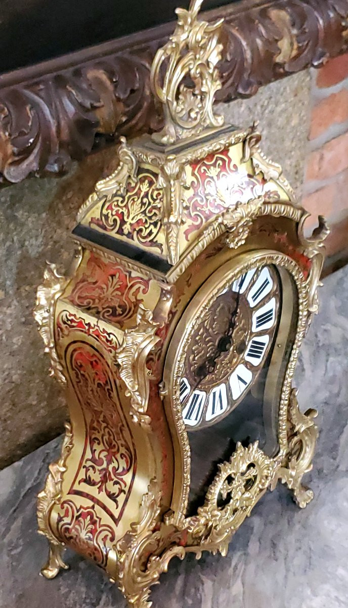 Louis XV Style Boulle Clock, Wooden Case Covered With Brass Decorations Inserted In Lacquer -photo-1