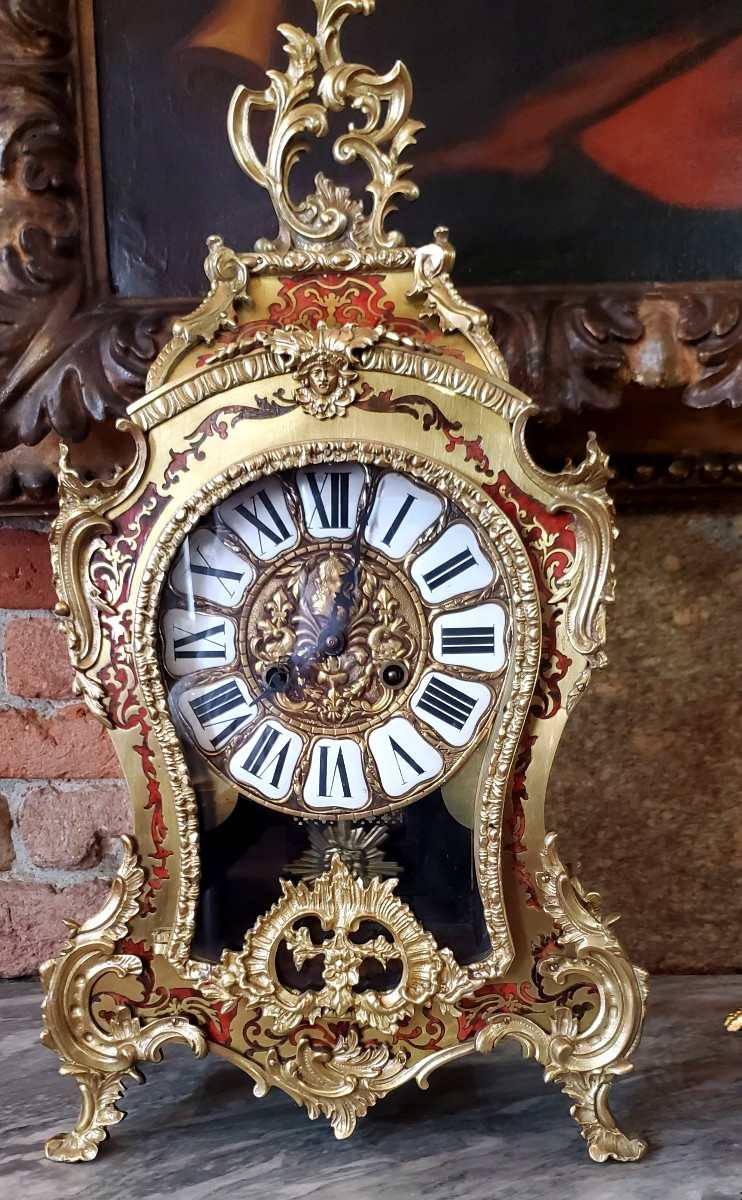 Louis XV Style Boulle Clock, Wooden Case Covered With Brass Decorations Inserted In Lacquer 