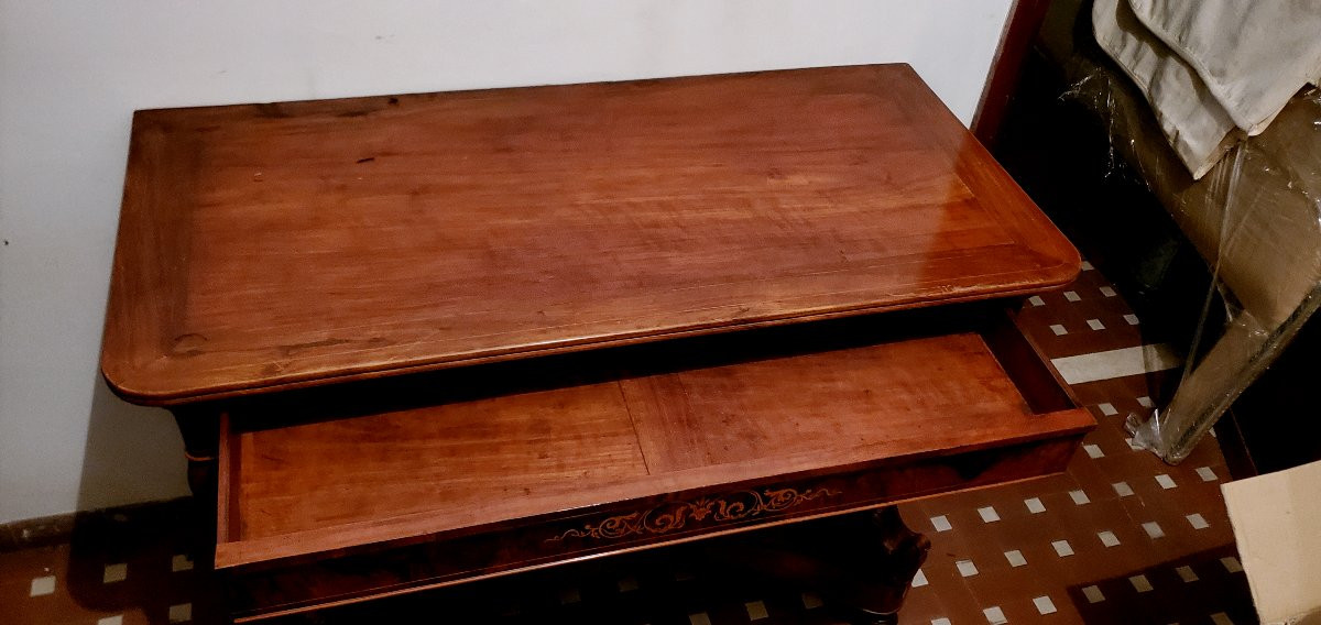 Console ancienne d'époque Charles X (vers 1830), de fabrication italienne (Piémont), en noyer -photo-2