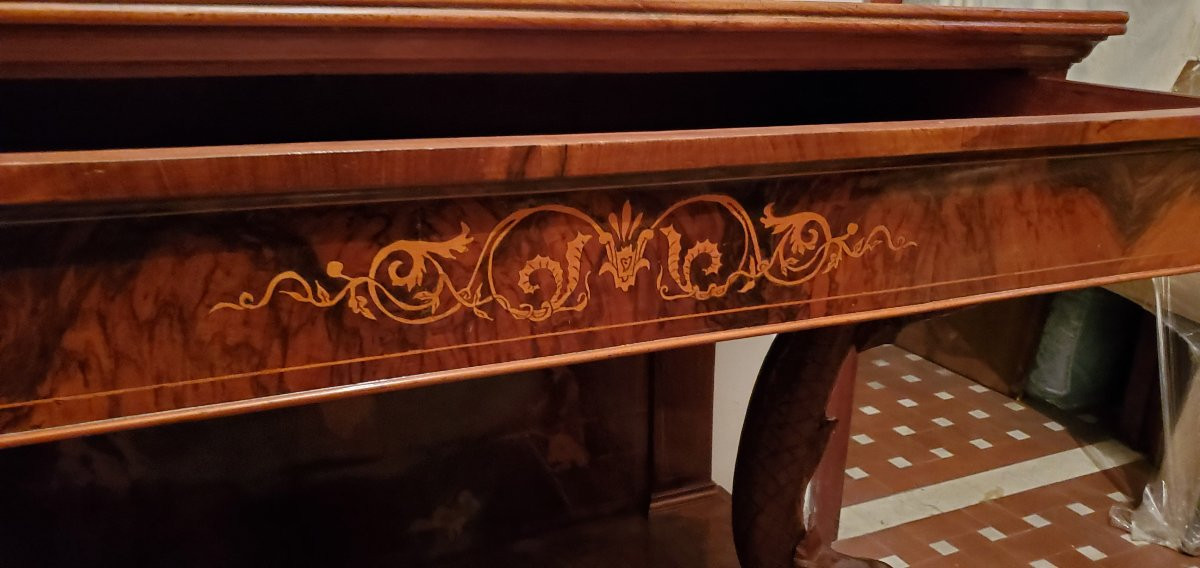 Console ancienne d'époque Charles X (vers 1830), de fabrication italienne (Piémont), en noyer -photo-3