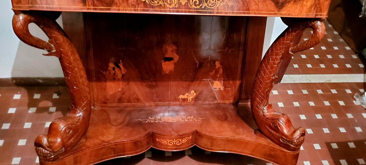 Console ancienne d'époque Charles X (vers 1830), de fabrication italienne (Piémont), en noyer -photo-4