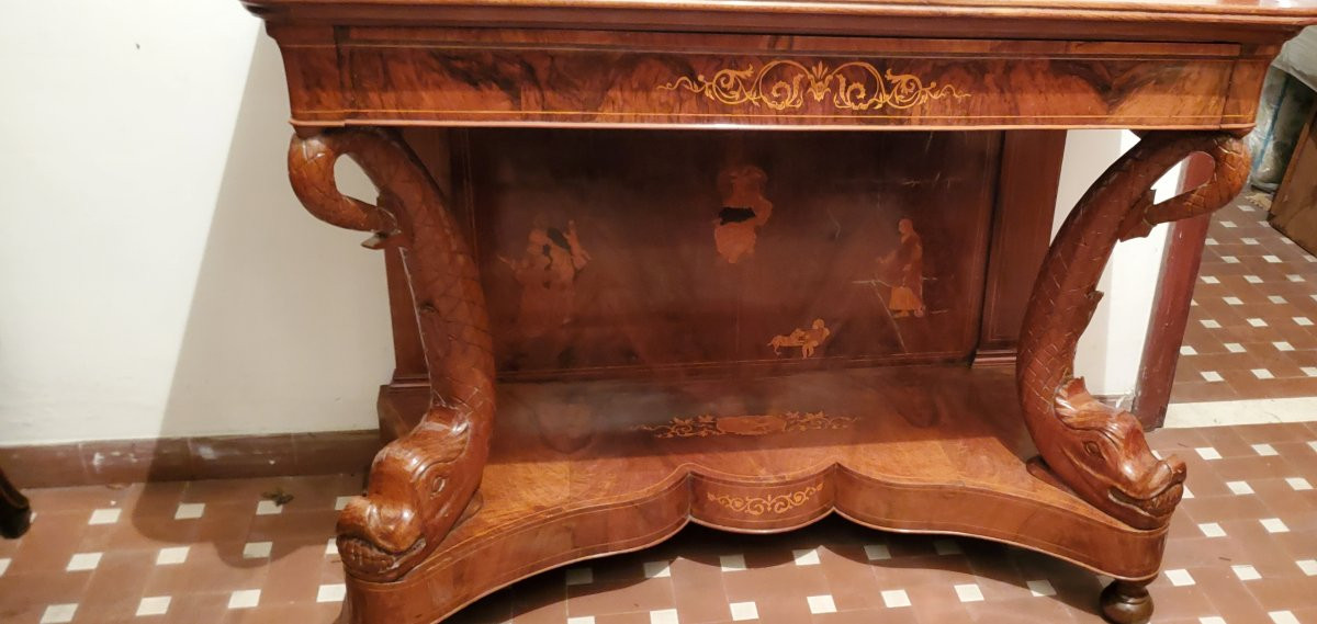 Console ancienne d'époque Charles X (vers 1830), de fabrication italienne (Piémont), en noyer -photo-1